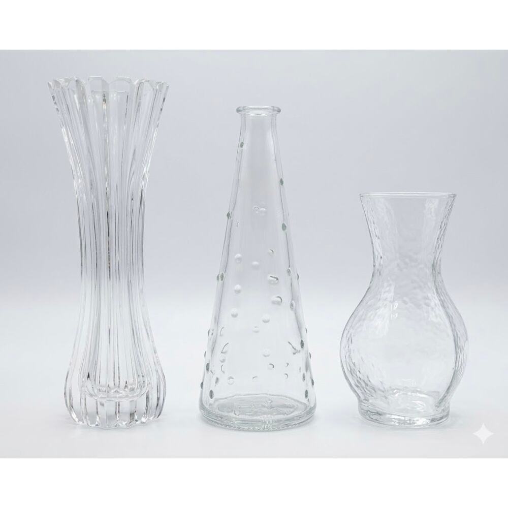 Vintage Clear Glass Bud Vase Trio: Mikasa, IKEA Emma Dafnäs and Hammered Glass